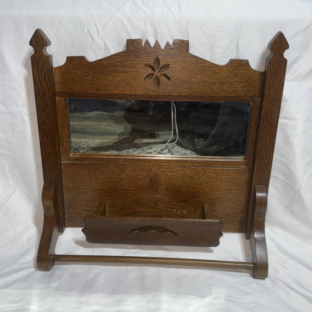 Antique Oak Wood Wall Shaving Mirror Towel Rack & Accessory Box Wall Hang